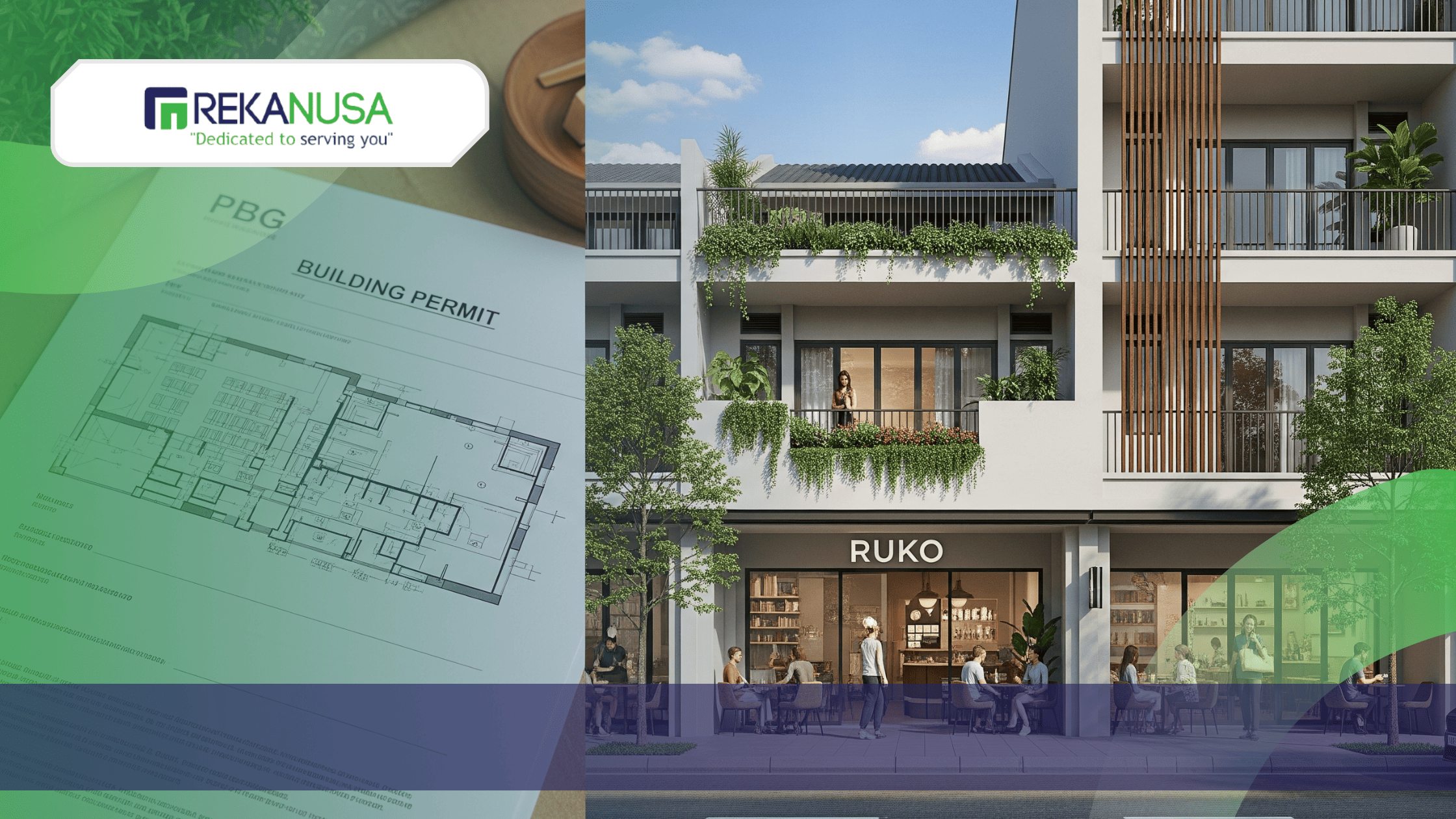 Ilustrasi ini menunjukkan sebuah ruko modern dengan kafe yang ramai di lantai dasar dan apartemen di lantai atas, menggambarkan perpaduan fungsi komersial dan hunian. Di latar depan, terdapat dokumen PBG yang menyoroti aspek perizinannya.