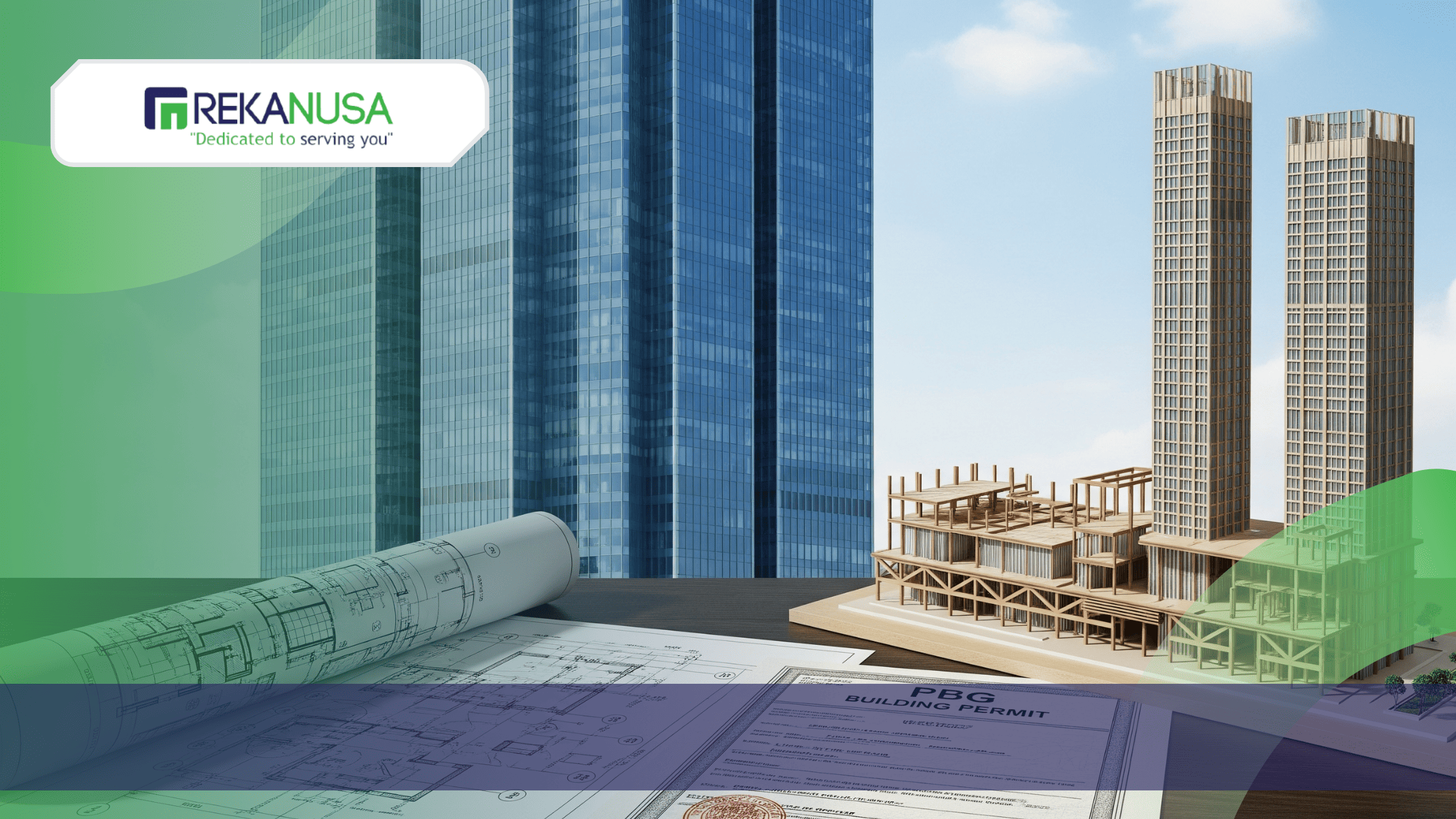 Ilustrasi ini menggambarkan kompleksitas teknis di balik gedung pencakar langit. Di latar depan, terlihat denah arsitektur, model struktur, dan surat izin PBG, yang semuanya merupakan bagian dari proses perencanaan yang rumit sebelum gedung di latar belakang dapat dibangun.