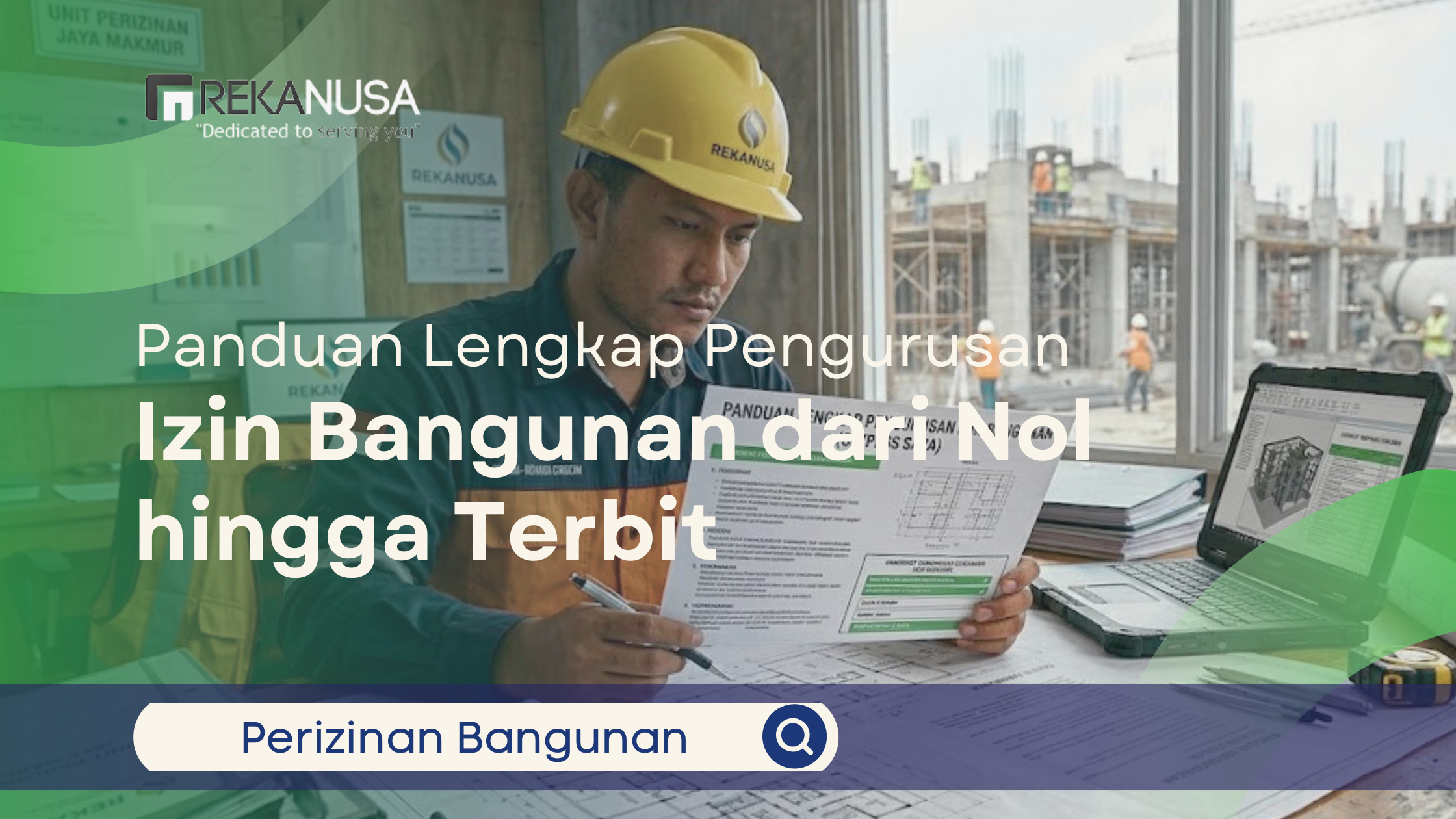 Pekerja konstruksi memeriksa dokumen perizinan bangunan di kantor proyek dengan latar belakang pembangunan gedung