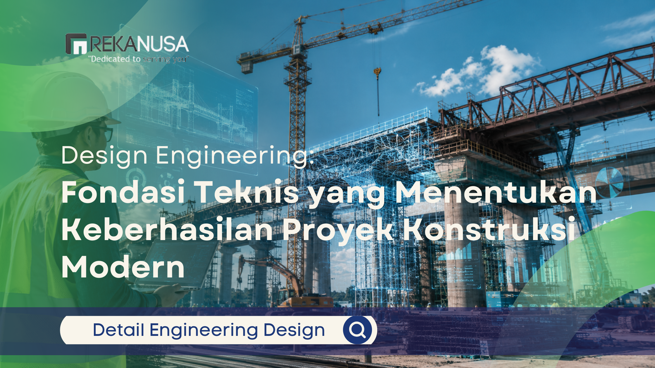 Ilustrasi proyek konstruksi modern dengan insinyur sipil memegang laptop dan visualisasi design engineering digital di area pembangunan jembatan.