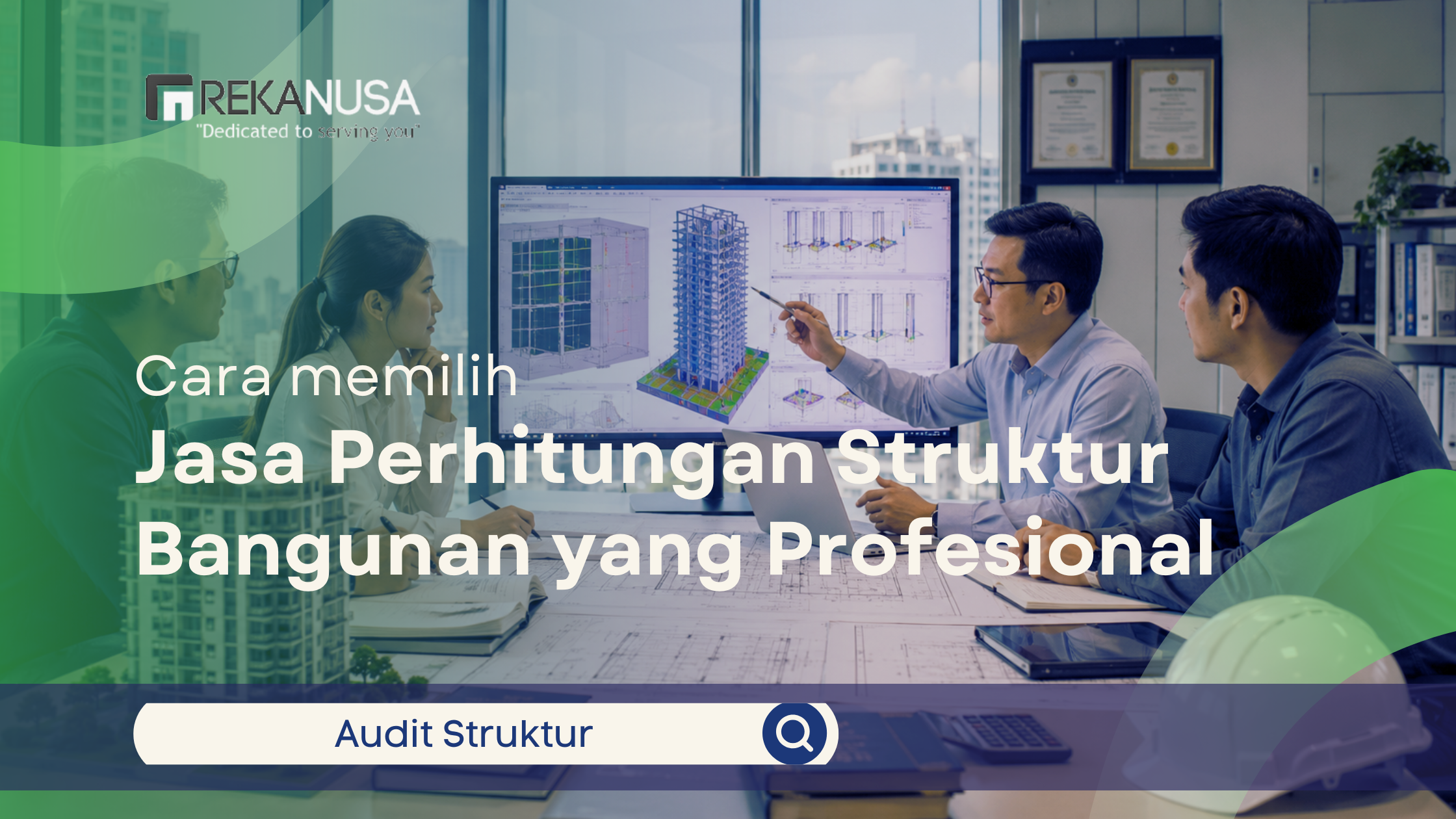Konsultan struktur bangunan mempresentasikan hasil analisis desain dan perhitungan struktur kepada calon klien di ruang rapat profesional dengan blueprint, model gedung, dan dokumen teknik.